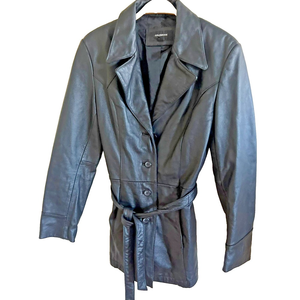 Colebrook & Co VTG 90s Leather Jacket Trench Coat Black Womens Sz S WESTERN Boho